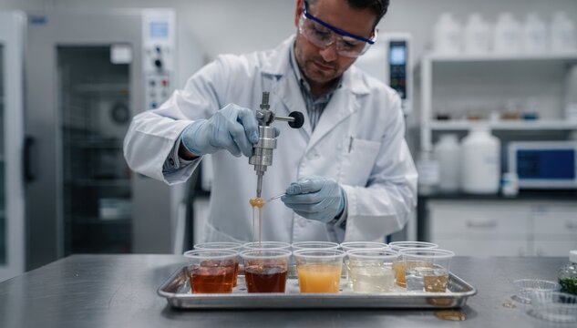 Researcher examining adhesive performance after cold storage analyzing changes in viscosity and consistency in a climatecontrolled lab setting.