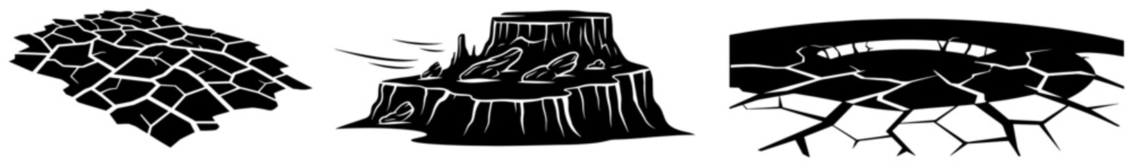 Ground terrain set with cracked earth mesa cliff and crater in minimalist flat vector style © OnlyVector