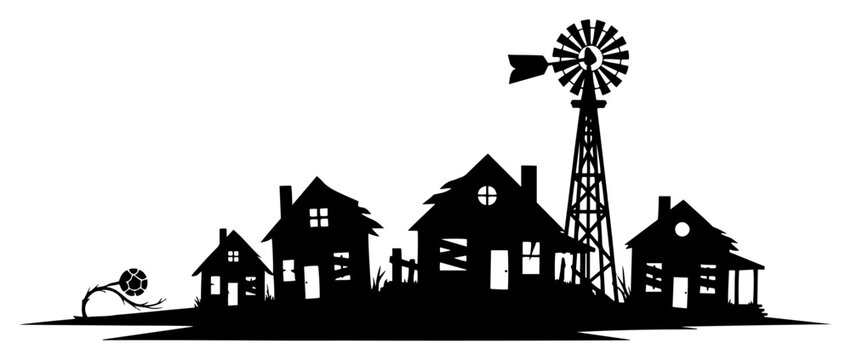 Spooky abandoned houses and rustic windmill silhouette on hill high contrast black and white vector