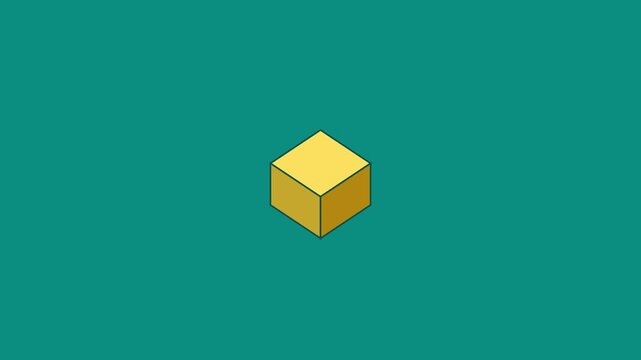 Isometric golden cube floating and rotating animation on solid teal 4k background