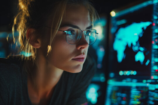 Female Cybersecurity Specialist Monitoring Network Maps
