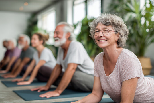 Senior Group Practicing Yoga in Bright Studio
