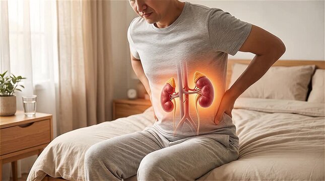 Young man sitting on bed holding back with kidney pain showing highlighted inflamed kidneys and adrenal glands overlay urinary disease concept