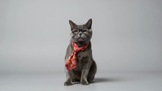 Gray cat sits calmly on neutral background. Red scarf drapes its neck with elegant folds. Cat gazes upward, eyes half-closed in serene pose. Soft lighting highlights fur texture and scarf detail