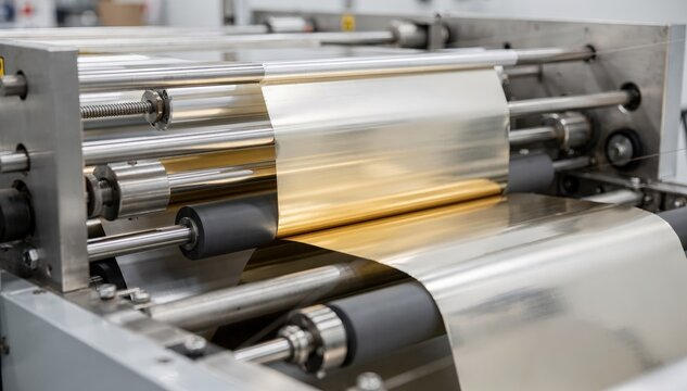 Detailed medium view of narrow web highspeed laminator bonding paper and foil films showcasing precision rollers ensuring thin web applications for labels and flexible packaging.