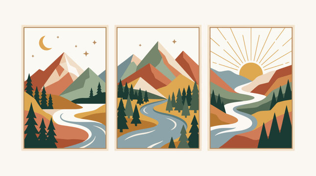 Modern minimalist vector illustration set featuring geometric mountains and flowing rivers with a warm sun and crescent moon night sky