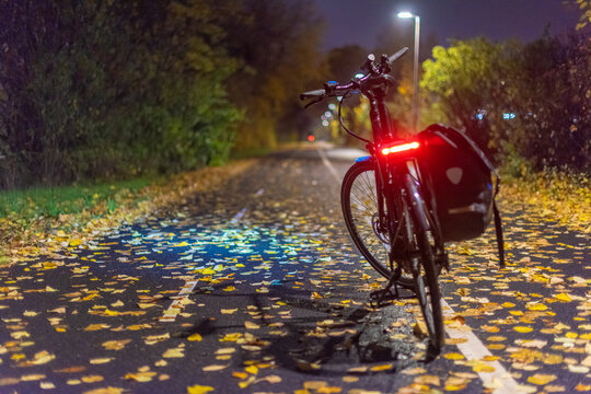 Bicycle parked on autumn road at night.