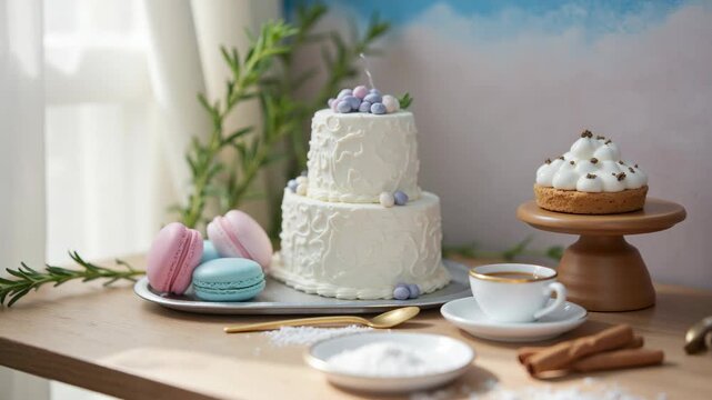 A carefully arranged dessert platter featuring a white frosted cake adorned with pastel pink flowers, flanked by small purple macarons and other sweet treats on a rustic wooden table.