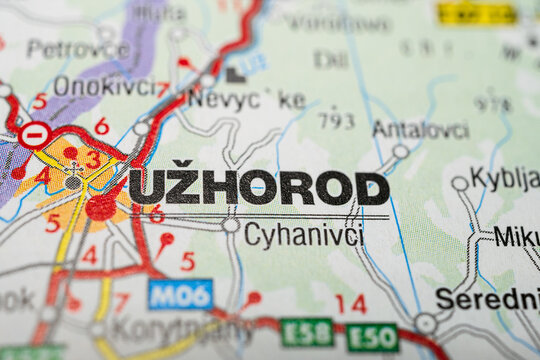 Closeup view of Uzhhorod Ukraine on printed map with roads and rivers.
