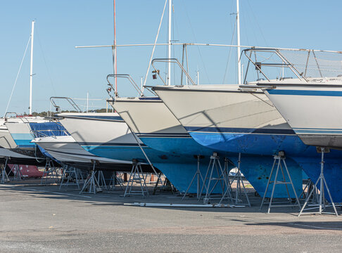 Sailboats stored on supports in sunny marina yard.