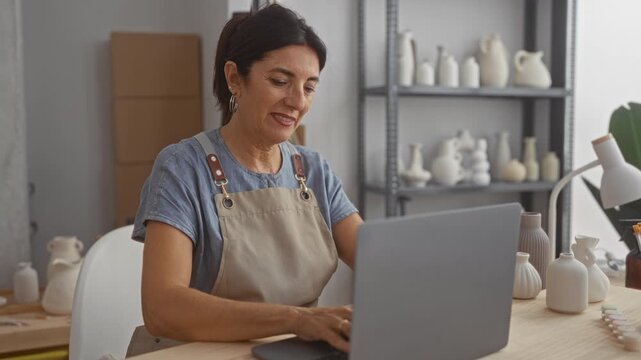 Woman typing with hands on laptop amid ceramic vases and tools in a pottery studio; creative small business focused.