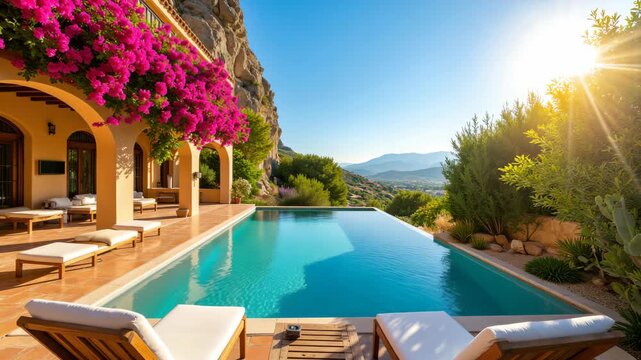 A tranquil pool with a view of distant mountains, set amidst lush greenery and vibrant pink flowers, framed by an elegant stone building.