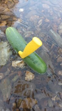 Fresh Green Cucumber with Yellow Knife Drifting on Clear River Water Surface
