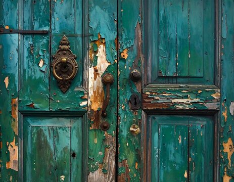 Close-up of weathered teal door with peeling paint, ornate metal hardware, and keyhole. Vertical wood panels