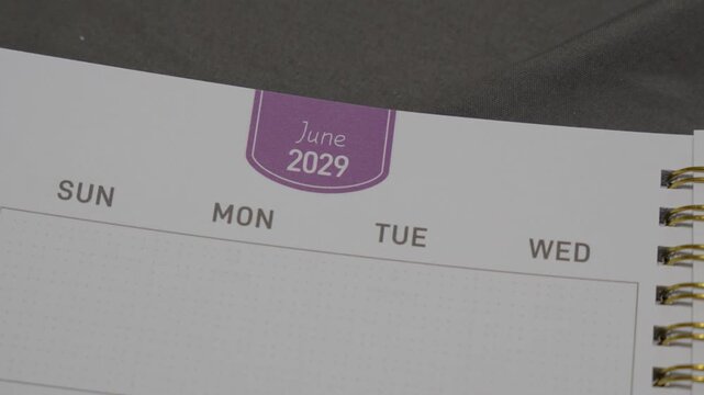 June 2029 planner page with slow right camera movement for annual scheduling and calendar planning concept