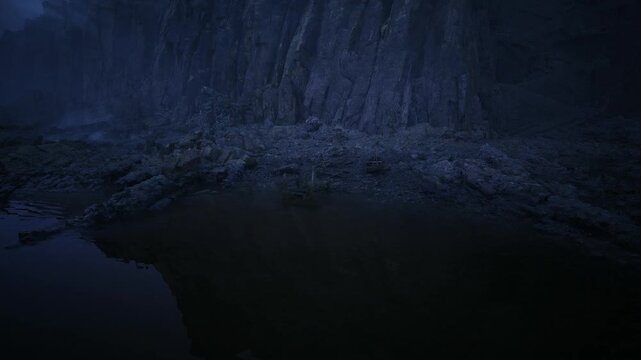 Nocturnal rocky cliff with water reflections, moody cinematic palette, low key lighting, textured basalt face, glassy tide, subtle ripple, ideal for landscape