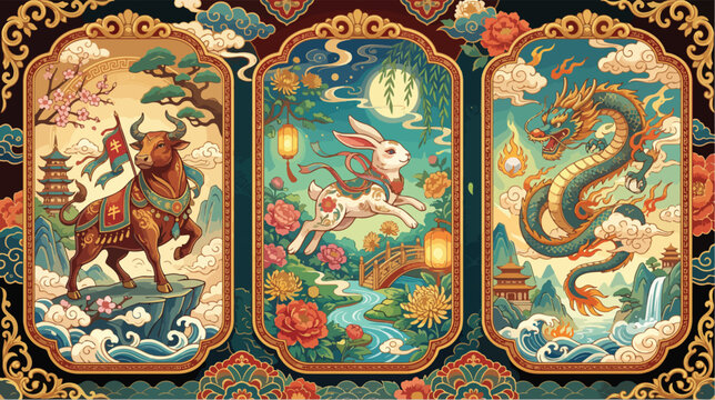 Detailed vector illustration showcasing artistic panels of the chinese zodiac ox rabbit and dragon set in a traditional decorative style