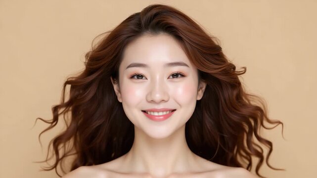 The features a woman with long hair smiling gently. The background is simple and does not distract from the subject. She appears to be in her 20s or early 30s.