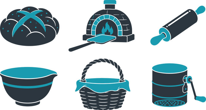 A flat vector illustration set featuring artisanal baking tools including a bread loaf oven rolling pin bowl basket and sifter