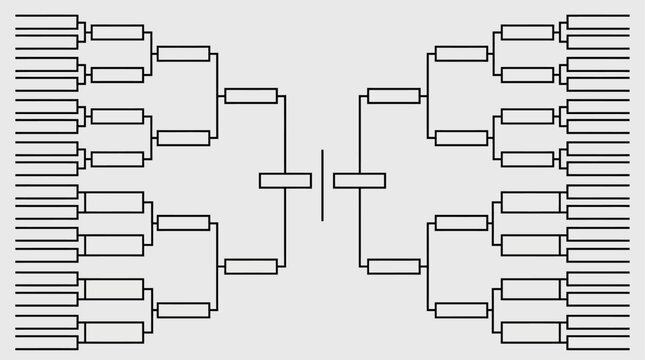 Tournament competition bracket diagram for sixty-four participants with symmetrical single elimination playoff structure layout