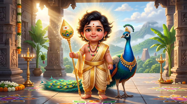 baby murugan god standing beside majestic peacock with glowing halo inside ancient temple hallway near mountain