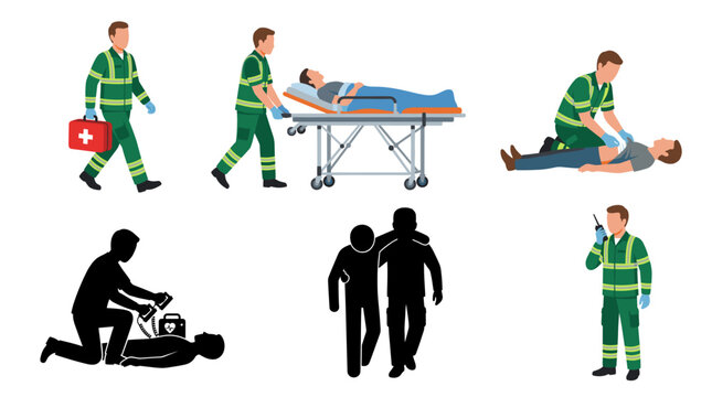 Set of vector collection featuring different paramedic poses, carrying first aid kit, pushing stretcher, providing emergency care, using defibrillator, assisting injured patient