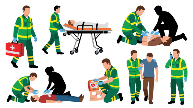 Professional vector collection featuring different paramedic poses, carrying first aid kit, pushing stretcher, providing emergency care, using defibrillator, assisting injured patient
