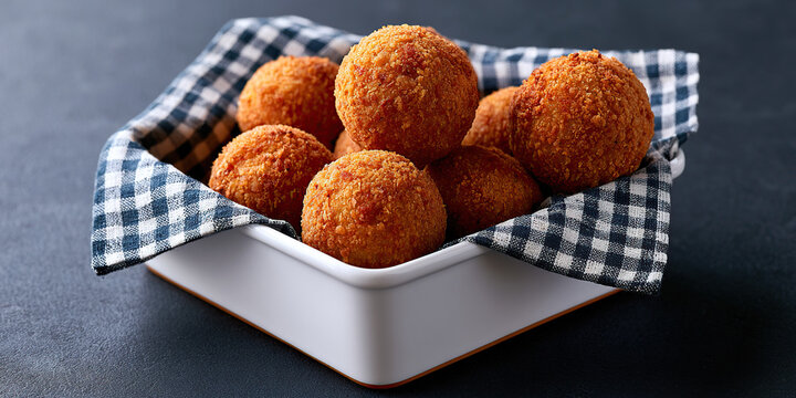 Bitterballen in dish on dark background