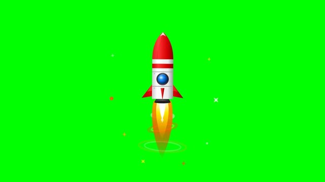 Cartoon rocket ship, vibrant flat animation, space exploration mission, taking off on green screen background