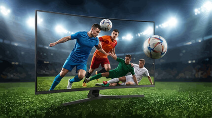 Naklejka premium Dynamic soccer players jumping out of a television screen onto a green football field in a lit stadium