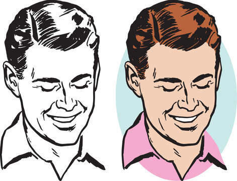 A vintage retro illustration of a man smiling and looking down at something interesting. 