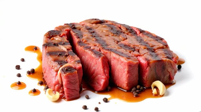 A close-up of a well-cooked steak topped with sauce and garnished with nuts and seeds on a white surface.