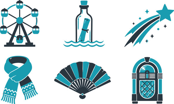 A collection of diverse vector icons featuring a ferris wheel message in a bottle shooting star scarf fan and jukebox