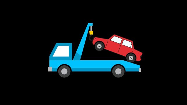 Blue tow truck moving red car flatbed wrecker vector illustration vehicle