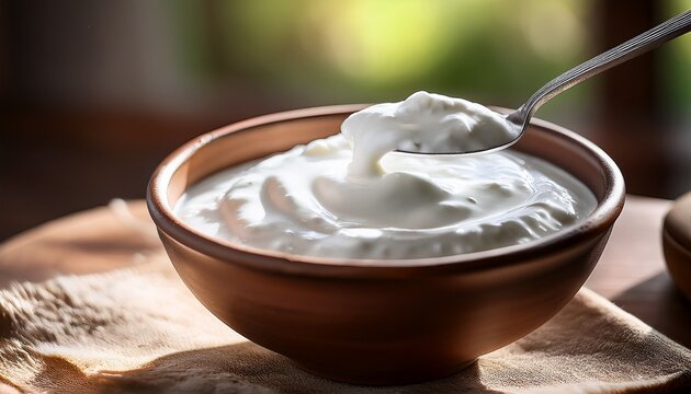 close up of creamy white yogurt or curd served in a brown ceramic bowl with a silver spoon lifting a spoonful soft natural light creating a cozy atmosphere