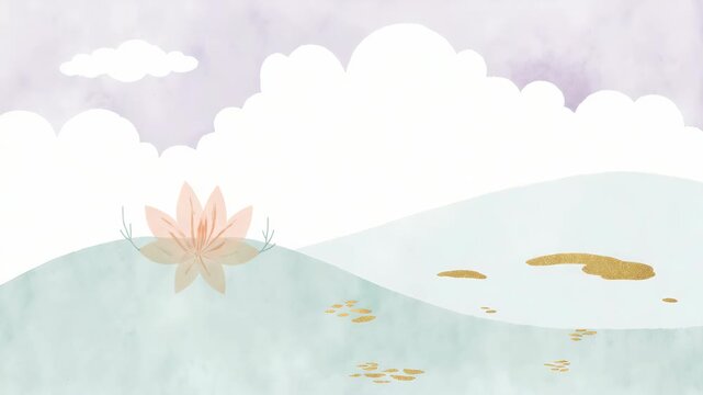 Soft pastel clouds drift above gentle hills. Delicate pink lotus blooms atop the green mound. Gilded leaf fragments scatter across the rolling terrain