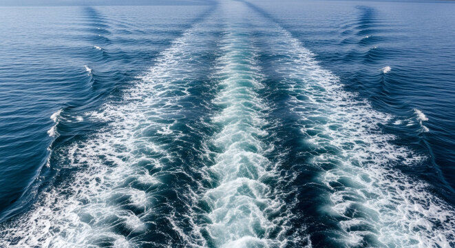 Boat wake trail behind a large vessel moving across deep blue ocean water on a bright sunny summer day