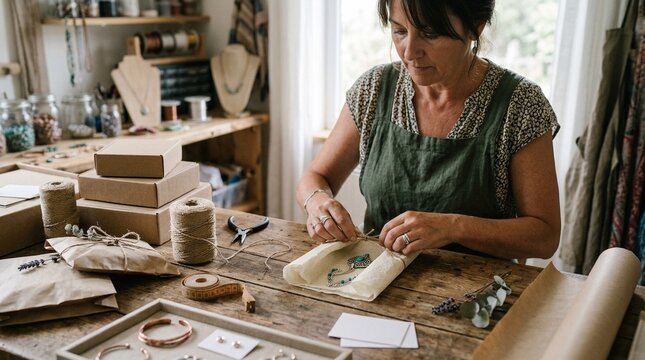 Woman artisan carefully packaging handmade jewelry for small business shipping and delivery