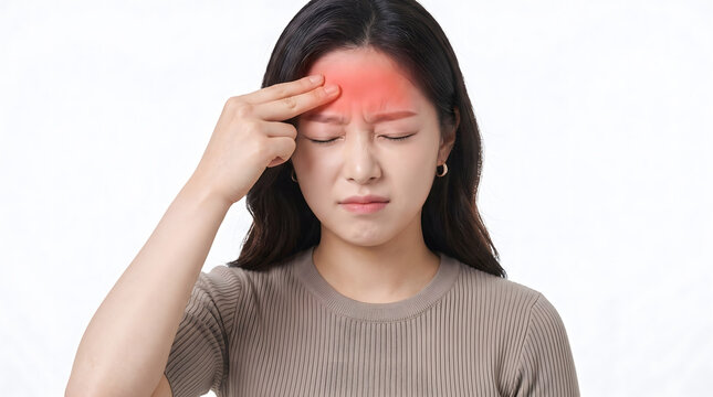 young woman touching glowing forehead experiencing painful headache with eyes closed tightly on white background