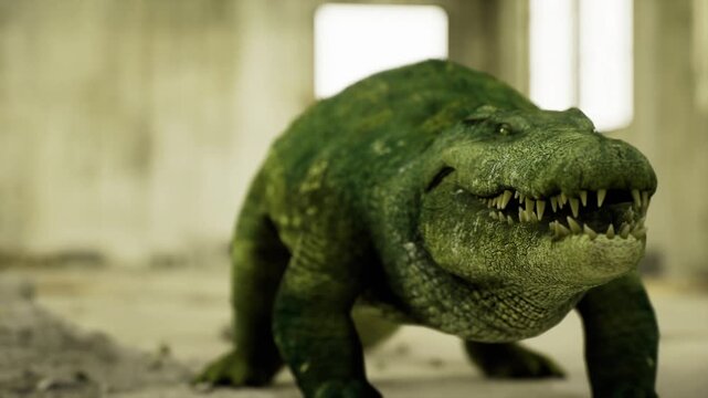Predatory moss crocodile grins with exposed teeth while advancing on concrete floor, frontal composition emphasizes menace and power, damp industrial light