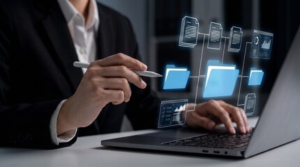 Obraz premium online document database and workflow automation for efficient file storage and business process optimization. interactive interface showing connected folders, records, and digital information flow