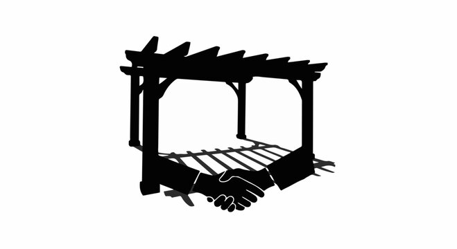 Symbolic handshake under a pergola, representing agreement and partnership outdoors.