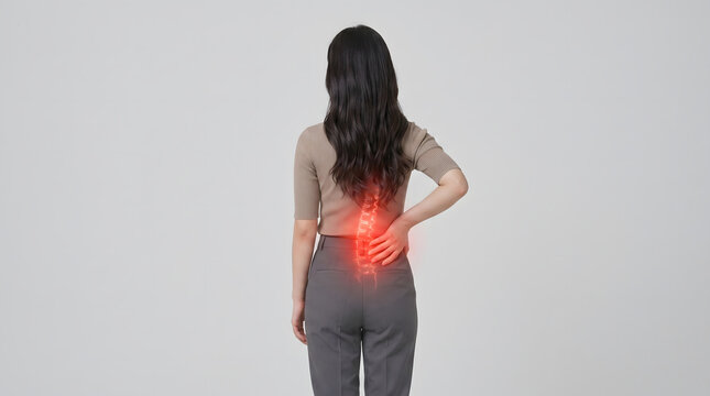 Woman standing with lower back pain highlighted in red viewed from behind indoors today gently softly