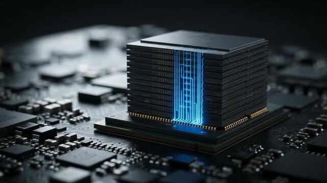 Glowing HBM memory stack chip on circuit board AI data center hardware