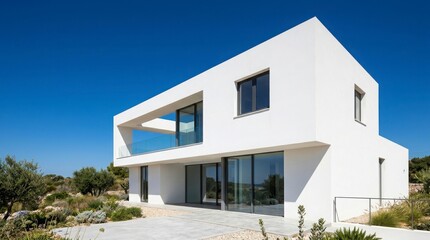 Obraz premium Modern white villa exterior with minimalist architecture and glass balcony under clear blue sky