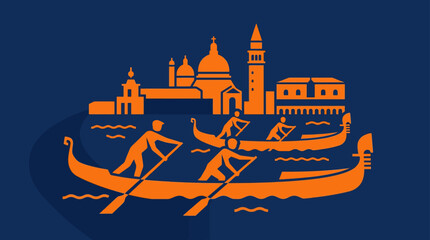 Venice Gondola Scene: Orange Silhouettes on Navy Blue Background © Hamdan