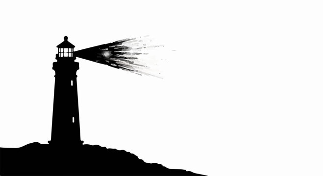 Silhouette of a lighthouse emitting a powerful beam of light against a stark white background.