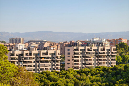 Urban View of Alicante city from Sierra Grossa Hills, Alicante. Modern Residential District of Alicante, Costa Blanca, Spain.