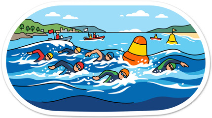 Open water swimming race, athletes competing in a triathlon, summer sports event. © Abdul