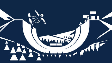 Snowboarder performing trick in halfpipe with mountains and trees background © Hamdan